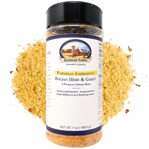 Shawhan Farms Italian Herb and Garlic Parmesan Seasoning Topper, Basil Parsley Thyme Parm Finishing Blend, Small Batch USA, 7 oz Shaker