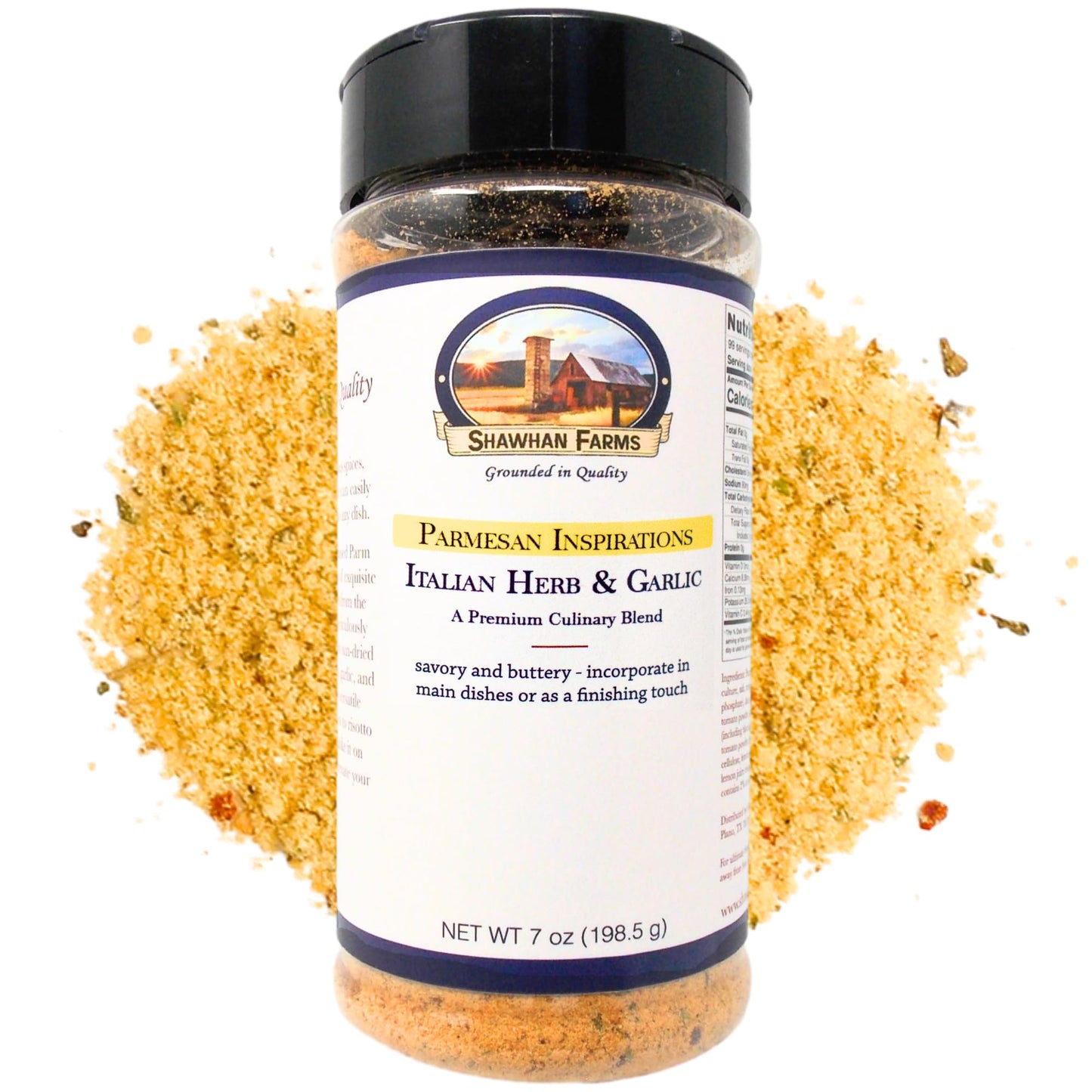 Shawhan Farms Italian Herb and Garlic Parmesan Seasoning Topper, Basil Parsley Thyme Parm Finishing Blend, Small Batch USA, 7 oz Shaker