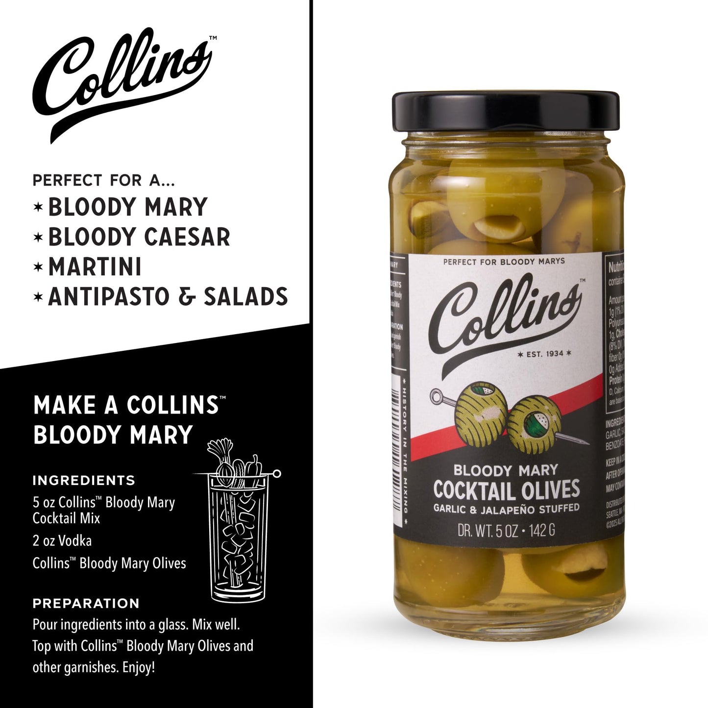 Collins Jalapeno Garlic Stuffed Cocktail Olives, Gourmet Martini Olive Cocktail Garnish, Dirty Martini Olives, Bloody Mary, Jalapeno Olives Garlic