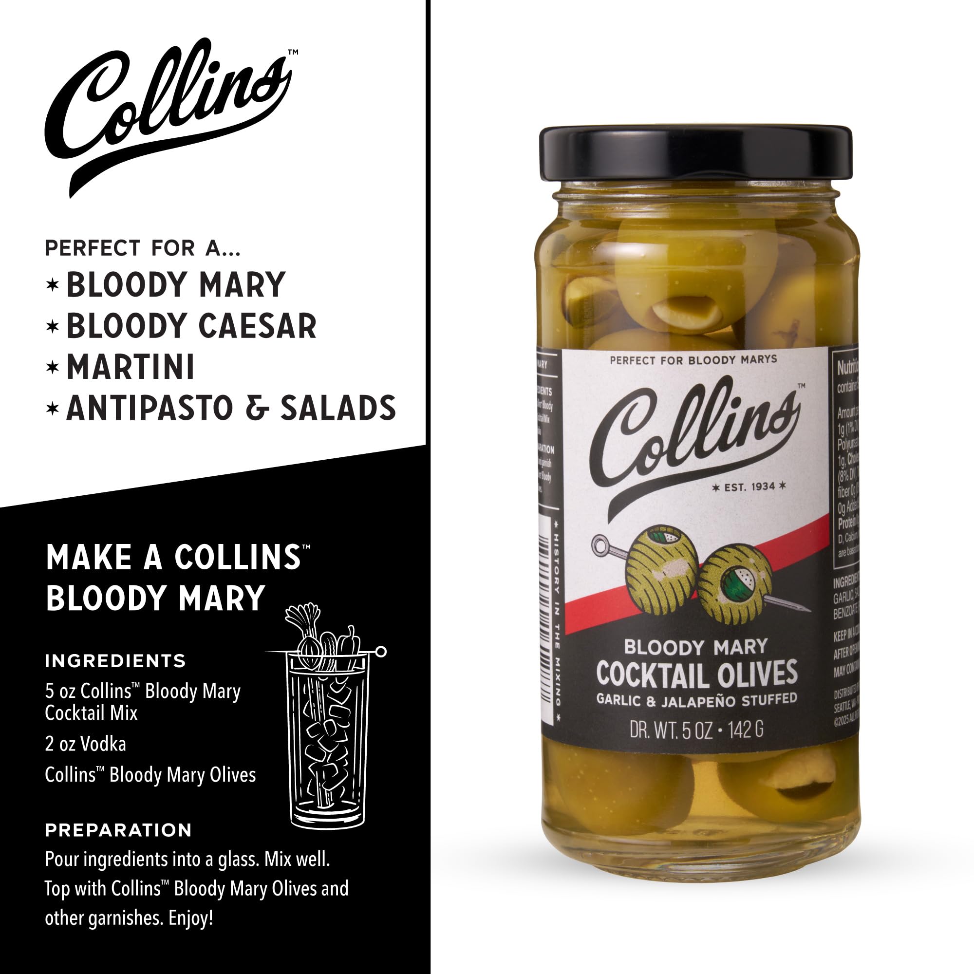 Collins Jalapeno Garlic Stuffed Cocktail Olives, Gourmet Martini Olive Cocktail Garnish, Dirty Martini Olives, Bloody Mary, Jalapeno Olives Garlic
