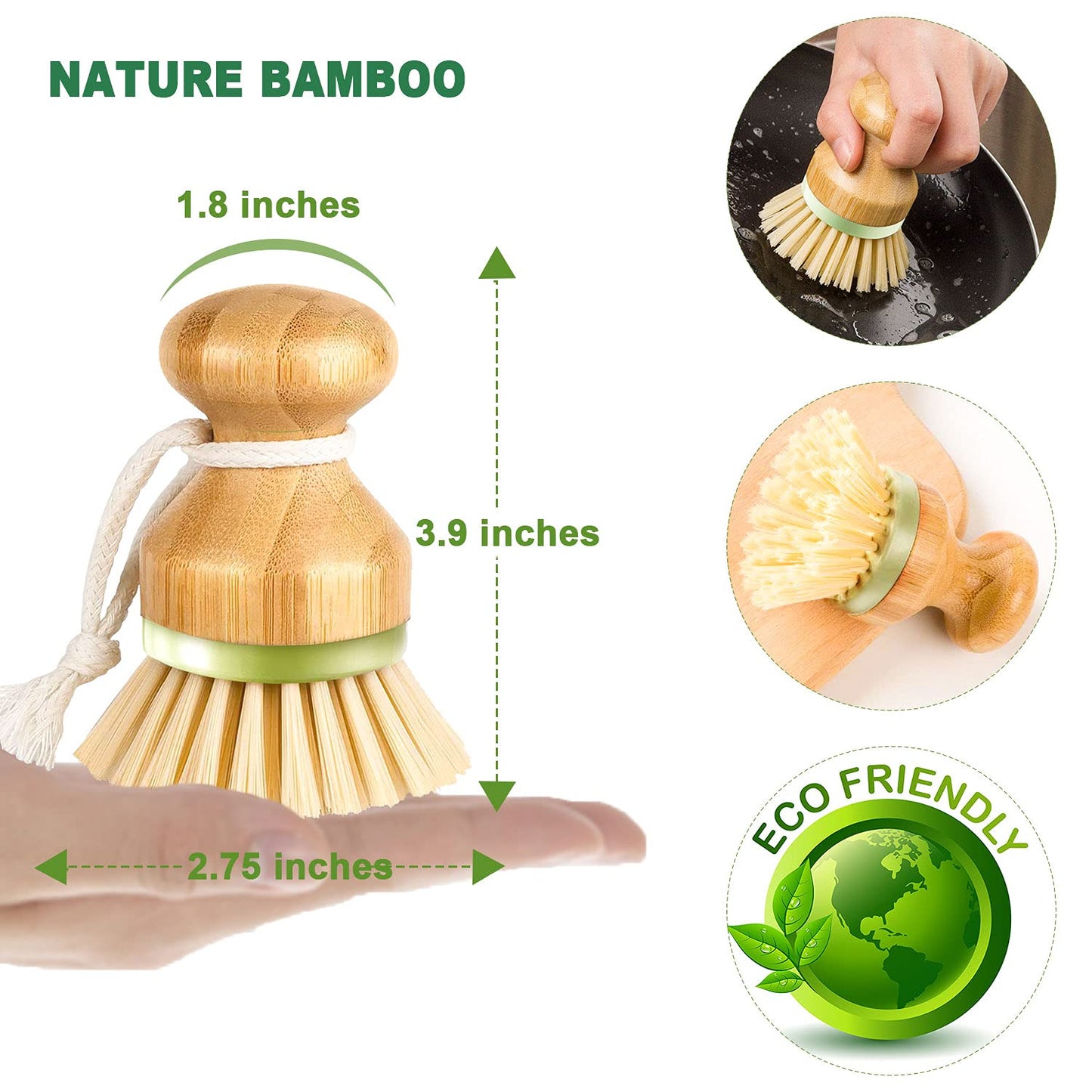 RADESCOO Bamboo Dish Brush, Scrub Brush for Dishes Pots Pans Kitchen Sink Cast Iron Skillet Cleaning, Pack of 2