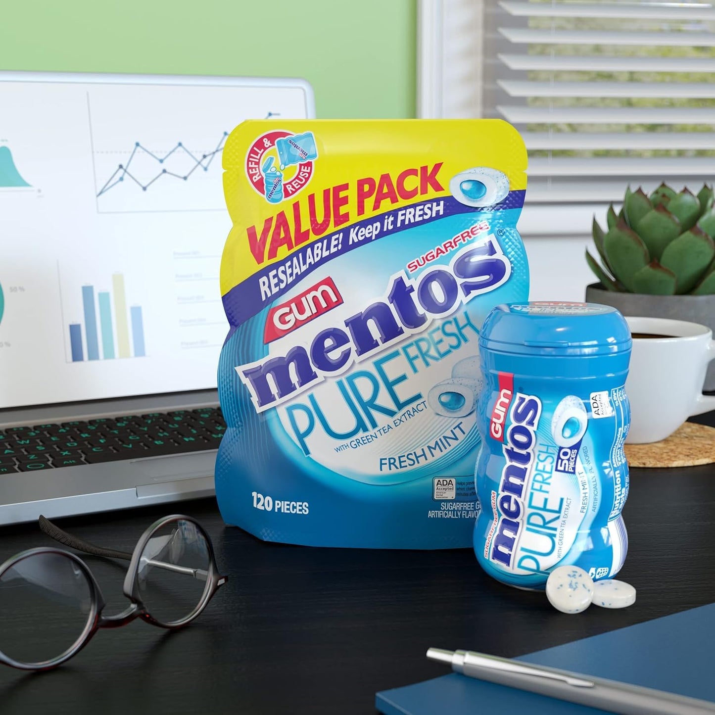 Mentos Pure Fresh Sugar-Free Chewing Gum with Xylitol, Fresh Mint, 120 Piece Resealable Bag (Pack of 1)