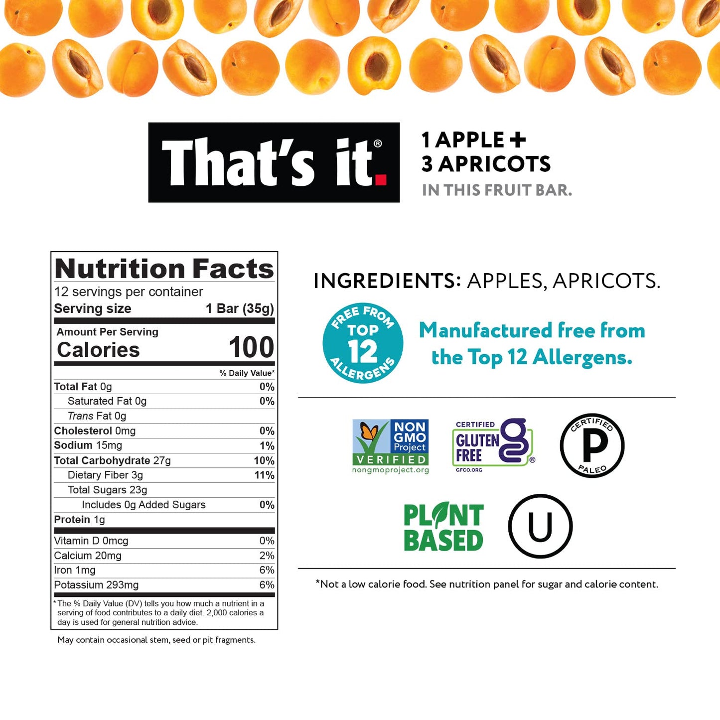 That's it. Apple + Apricot 100% Natural Real Fruit Bar, Best High Fiber Vegan, Gluten Free Healthy Snack, Paleo for Children & Adults, Non GMO No