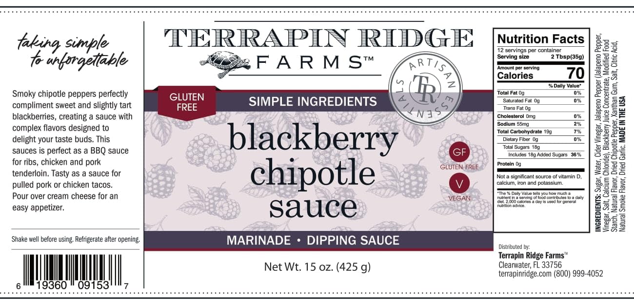 Terrapin Ridge Farms Blackberry Chipotle Sauce - Sweet & Smokey BBQ Sauce for Ribs, Tacos, and Appetizers, Vegan & Gluten Free - 15 oz bottle