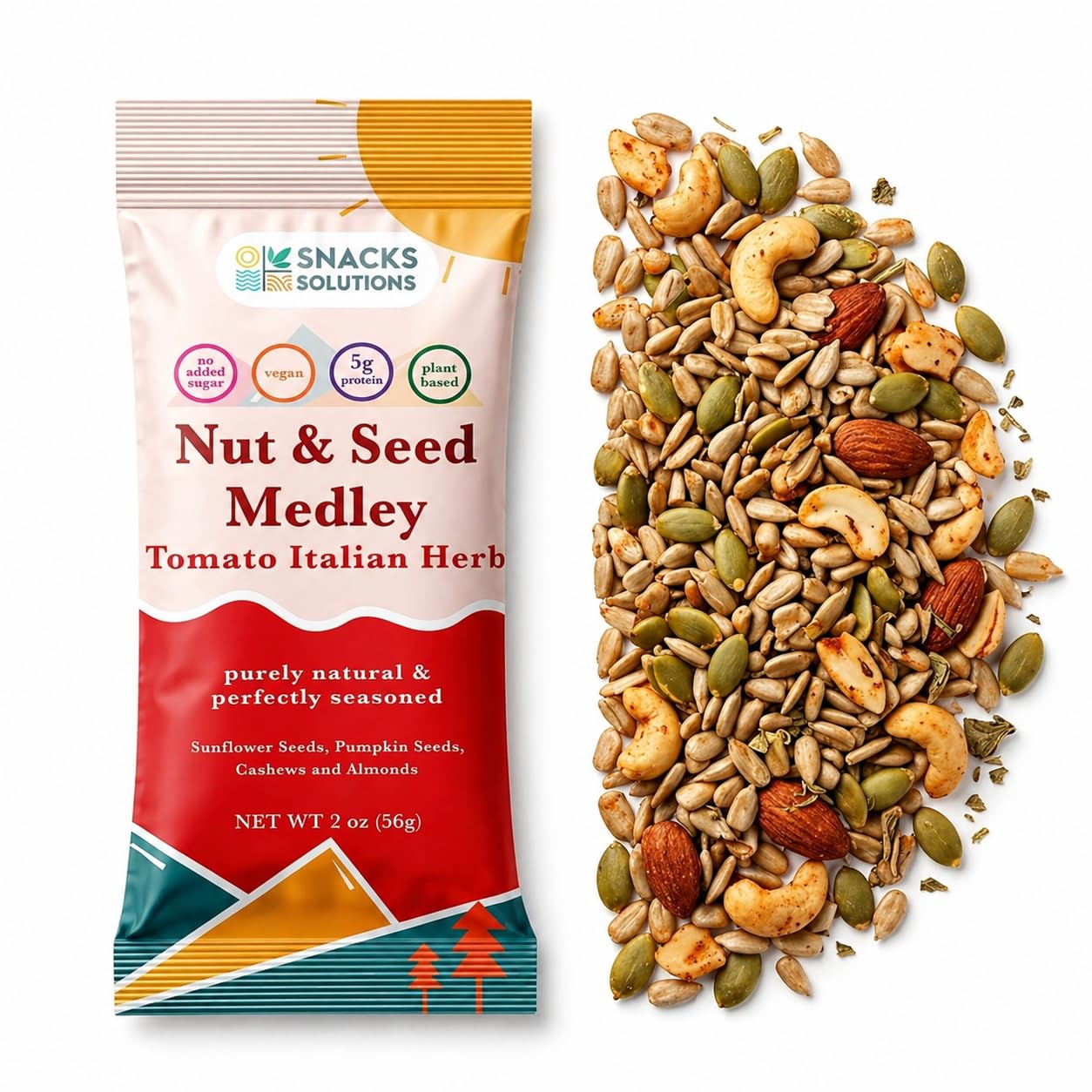 Snacks Solutions Nut & Seed Medley - Healthy Snack & Salad Topper with 5g Plant Protein, Vegan & Gluten Free, Roasted Crunch, Tomato Italian Herb