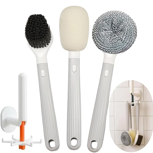 Steigullage Dish Brush with Handle,4-Pieces Dish Brush Set with Holder,Replaceable Brush Heads Long Handle Kitchen Scrubber,for Pots,Sink,Pans