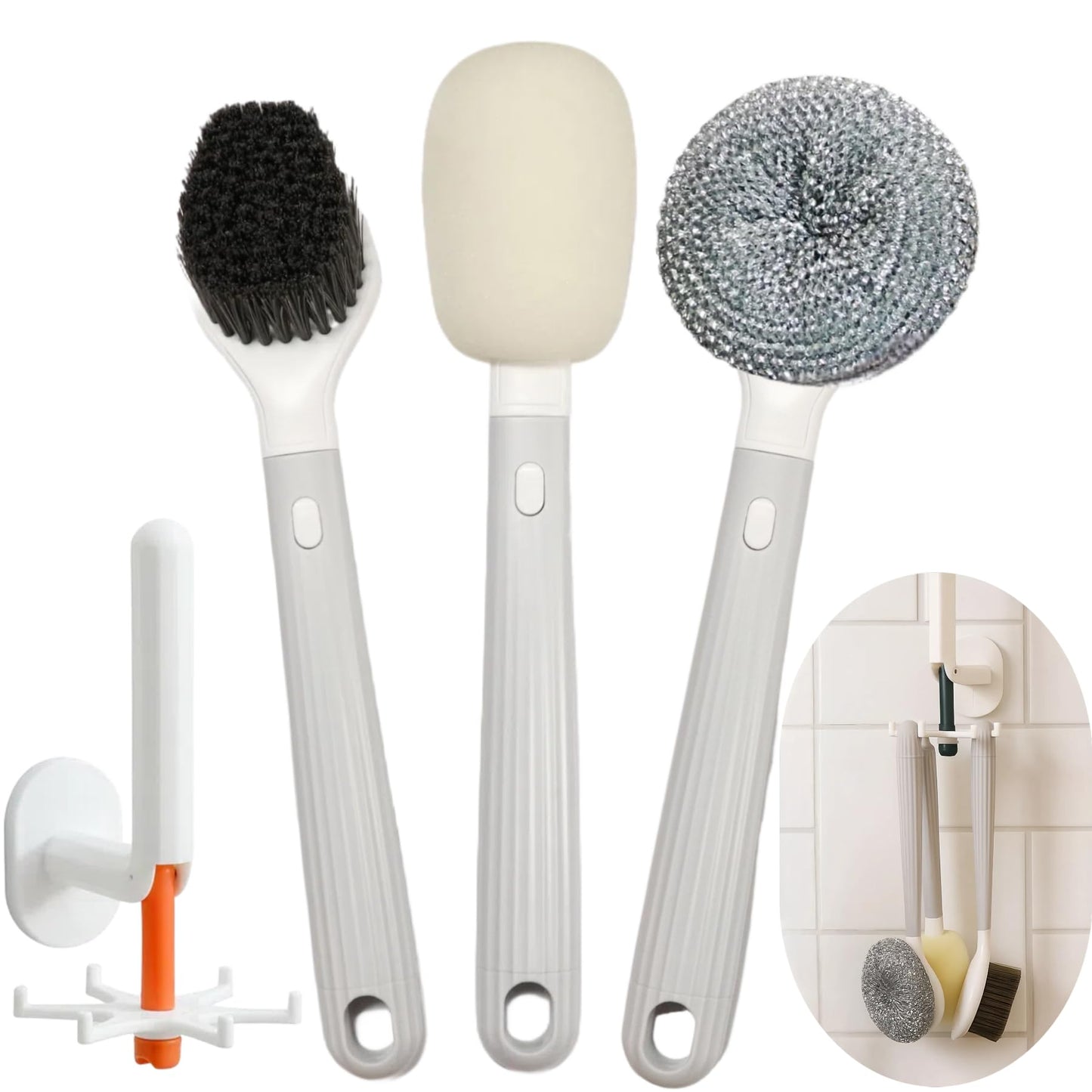 Steigullage Dish Brush with Handle,4-Pieces Dish Brush Set with Holder,Replaceable Brush Heads Long Handle Kitchen Scrubber,for Pots,Sink,Pans
