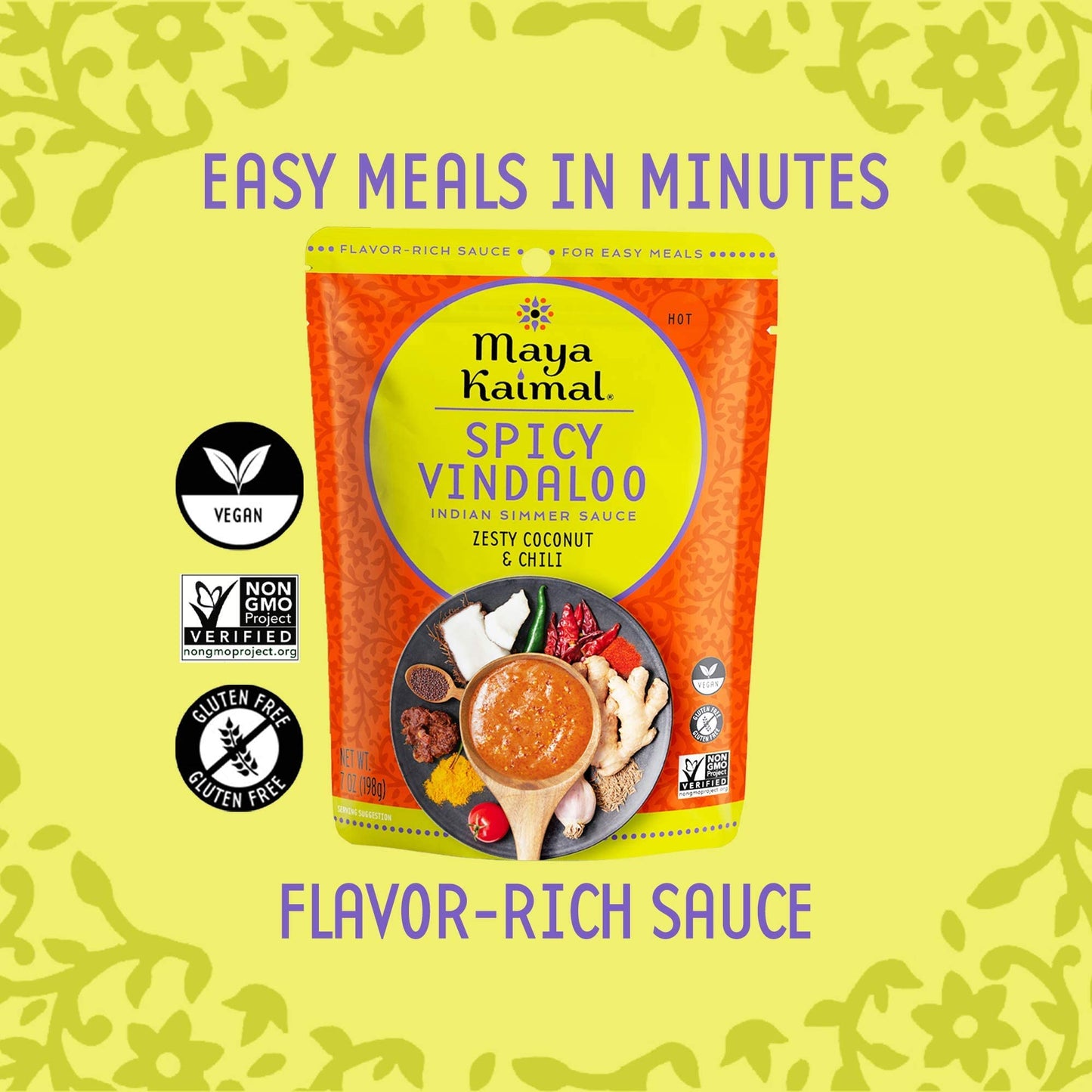 MAYA KAIMAL Spicy Vindaloo Simmer Sauce | 7oz Easy Pour Pouch | Spicy Indian Simmer Sauce with Zesty Coconut and Chili, Vegan, Gluten Free,
