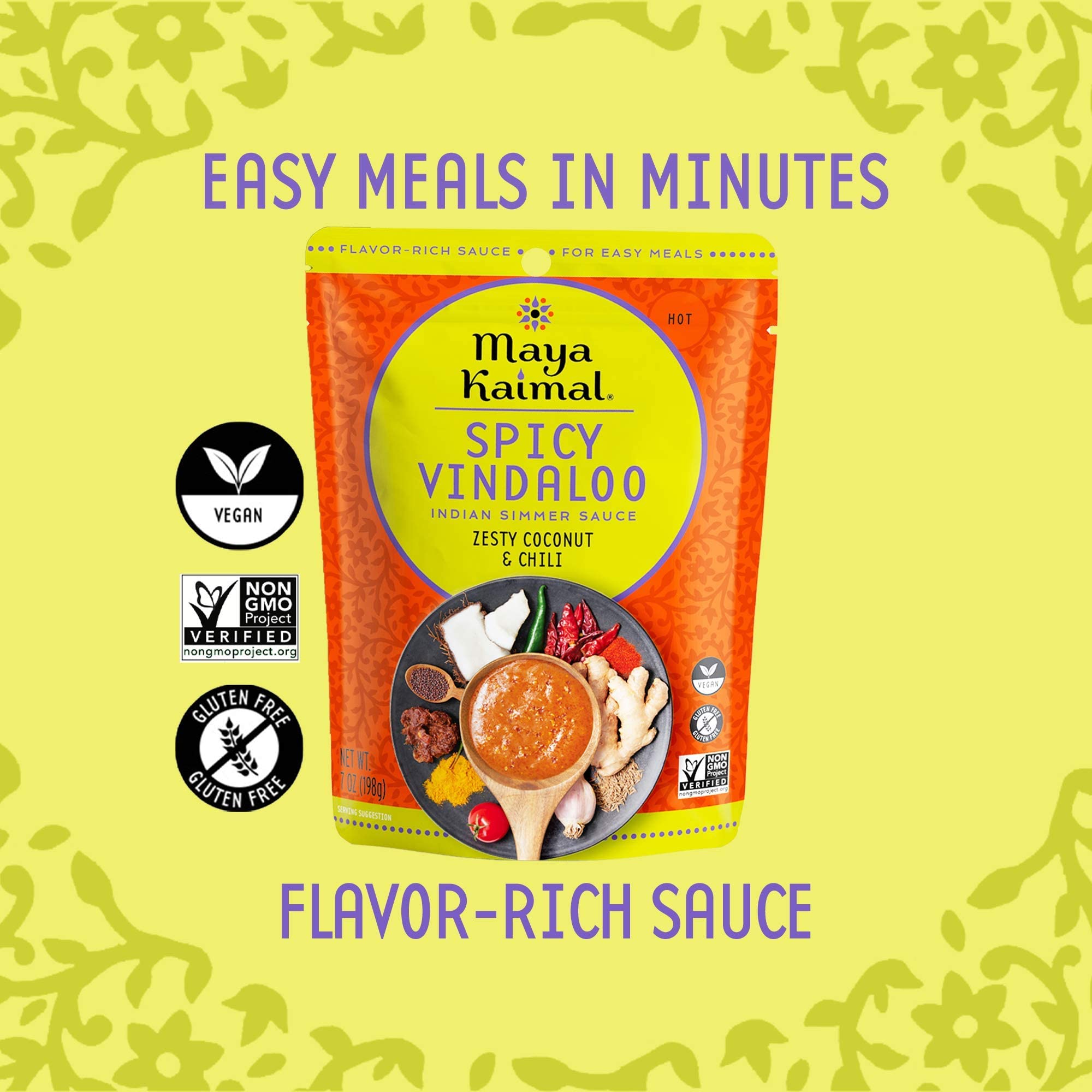 MAYA KAIMAL Spicy Vindaloo Simmer Sauce | 7oz Easy Pour Pouch | Spicy Indian Simmer Sauce with Zesty Coconut and Chili, Vegan, Gluten Free,