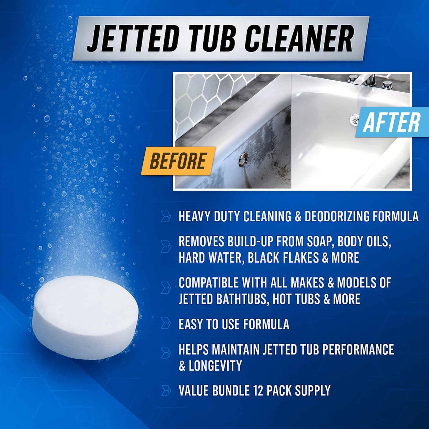 Jetted Tub Cleaner Bathtub Tabs - 12 ACTIVE Cleaning Tablets, Compatible with Whirlpool & Spa Bath System, Jets, Whirl Tubs, Professional Septic Safe