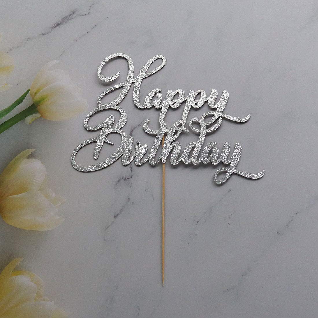 AMINJIE Happy Birthday Cake Topper - Birthday Party Decorations, Double Sided Silver Glitter