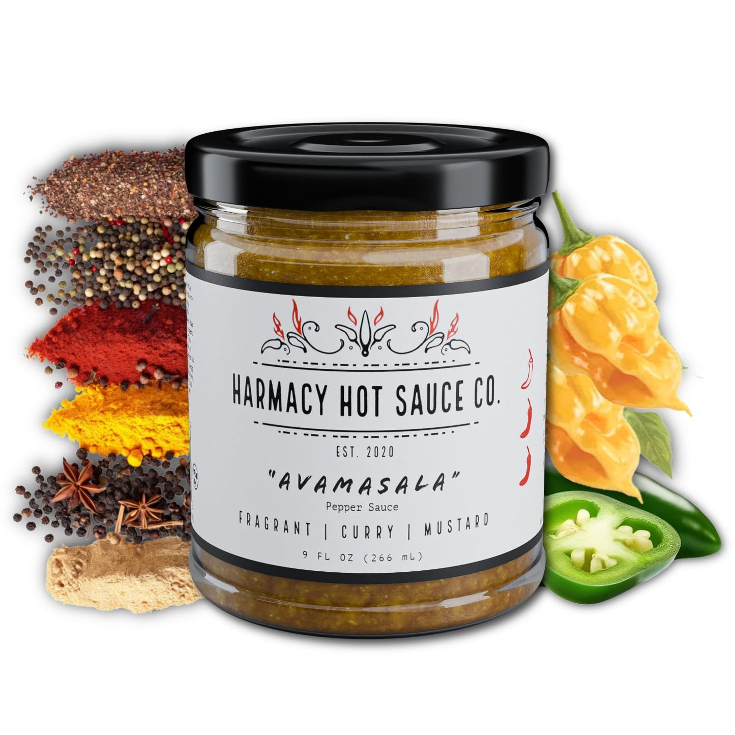 Avamasala - Curry Mustard Pepper Sauce by Harmacy Hot Sauce, 9oz, Small-Batch Gourmet Spicy Mustard Sauce with Curry Spices for Dips, Sandwiches