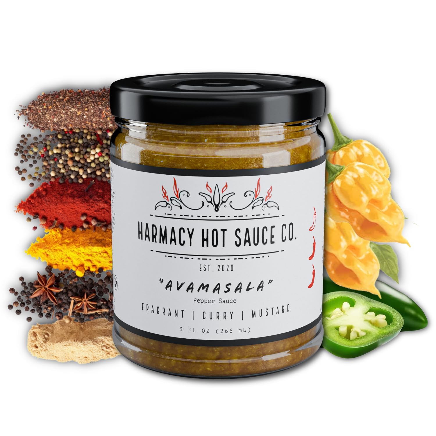 Avamasala - Curry Mustard Pepper Sauce by Harmacy Hot Sauce, 9oz, Small-Batch Gourmet Spicy Mustard Sauce with Curry Spices for Dips, Sandwiches