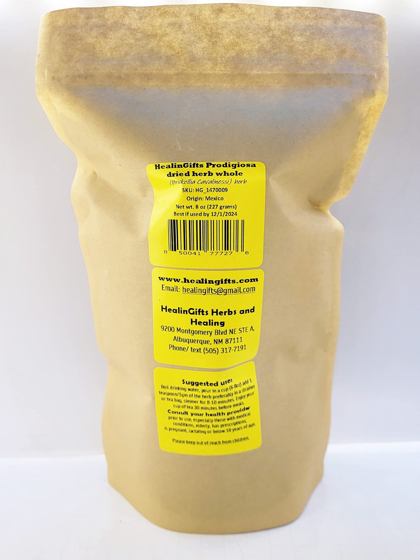 HealinGifts PRODIGIOSA dried herb whole 8 oz in a stand-up clear resealable Kraft pouch bag