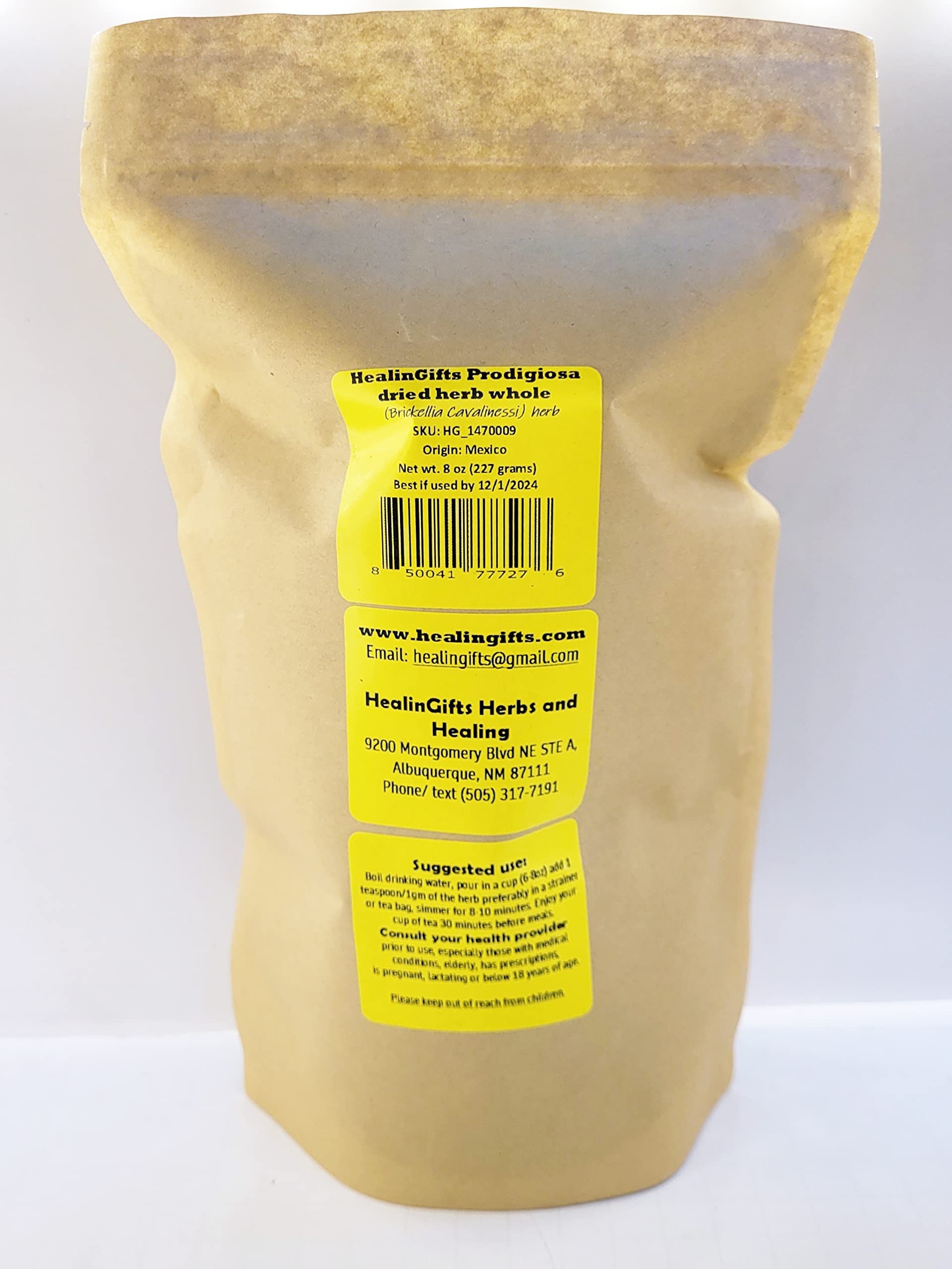 HealinGifts PRODIGIOSA dried herb whole 8 oz in a stand-up clear resealable Kraft pouch bag
