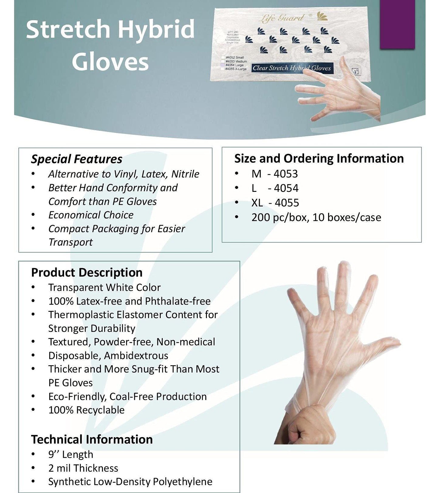 Life Guard Clear Stretch Hybrid Gloves, Disposable, Non-Latex, Ambidextrous, 200 Gloves Per Box (Lage)