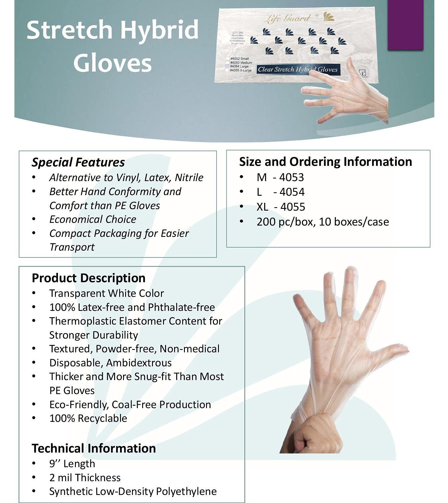 Life Guard Clear Stretch Hybrid Gloves, Disposable, Non-Latex, Ambidextrous, 200 Gloves Per Box (Lage)