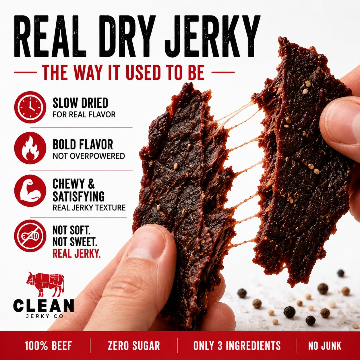 Clean Jerky Co. Old Fashioned Dry Zero Sugar Beef Jerky | Salt & Pepper - Flavorful High Protein Snacks | Healthy Snacks for Adults | Made with 100%