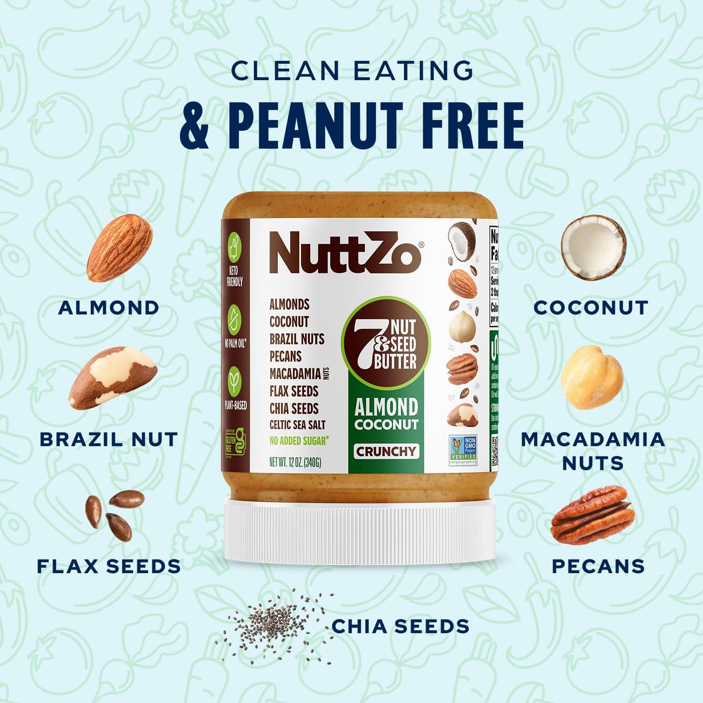 NuttZo Keto Almond Coconut 7 Nut and Seed Butter, Almonds Coconut Brazil Nuts Pecans and More, Keto-Friendly No Added Sugar or Oil, Non GMO