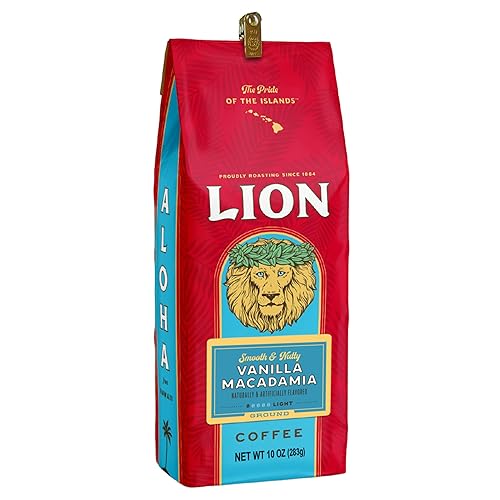 Lion Coffee Vanilla Macadamia Flavored Ground Coffee, Light Roast, Hawaiian Inspired Taste - 10 Ounce Bag