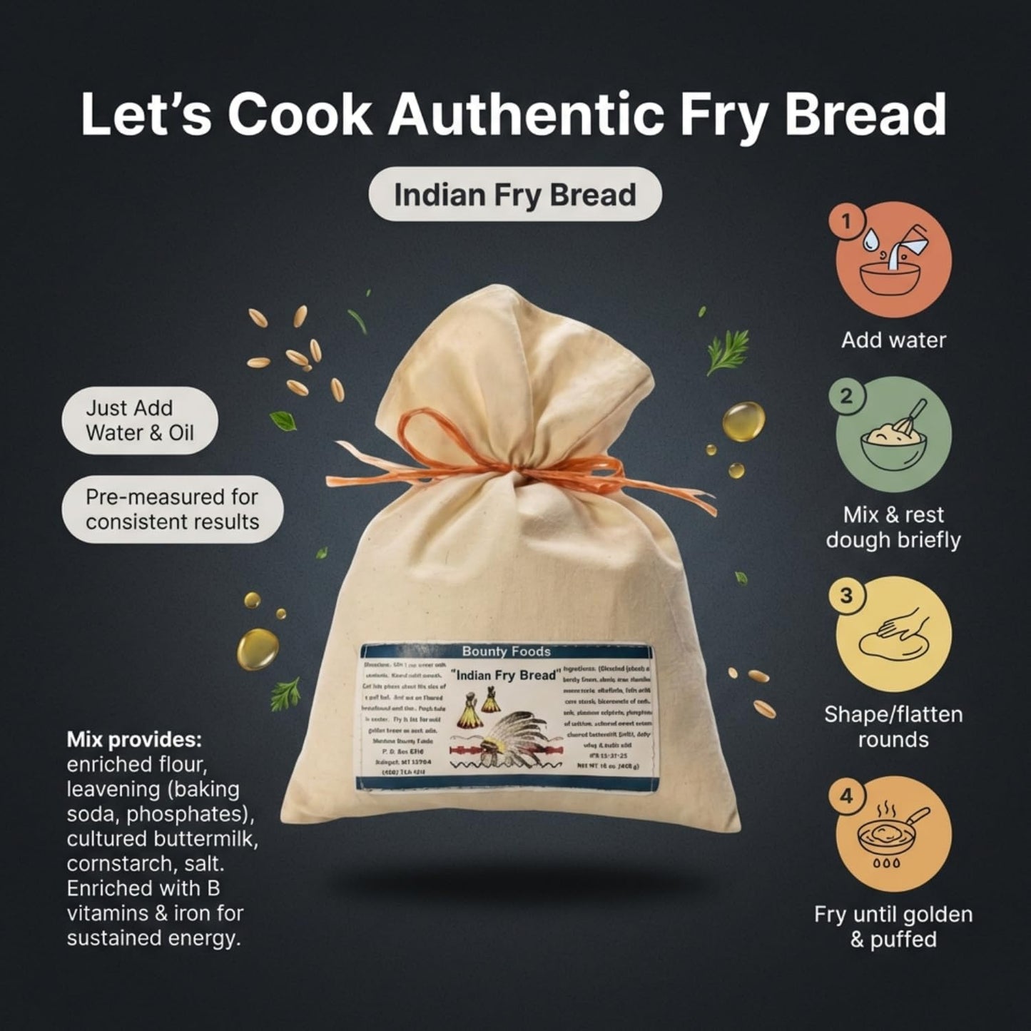 Bounty Foods Indian Fry Bread Mix 16 oz - Authentic Montana-Made Native Flatbread Blend in Western-Style Burlap Bag - Perfect for Navajo Tacos