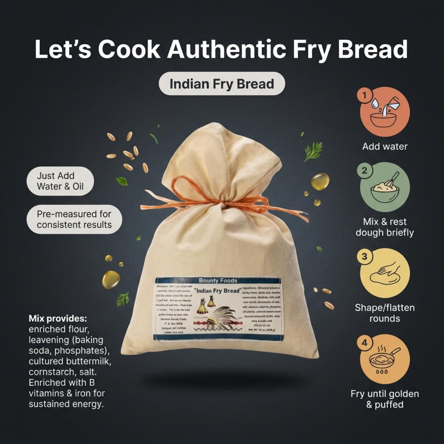Bounty Foods Indian Fry Bread Mix 16 oz - Authentic Montana-Made Native Flatbread Blend in Western-Style Burlap Bag - Perfect for Navajo Tacos