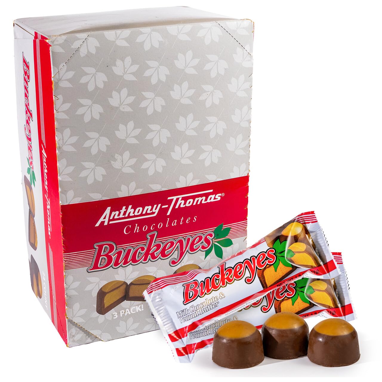 Anthony-Thomas, Buckeye Bars, Peanut Butter & Milk Chocolate Buckeyes in Ohio State Buckeyes Box, 72 Deliciously Delightful Snacks (24 Count, 3 Packs)