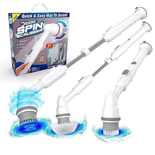Voom Electric Spin Scrubber, Cordless Shower Spinning Brush with 2 Replaceable Brush Heads & Adjustable Handle, Rechargeable Spinning Brush