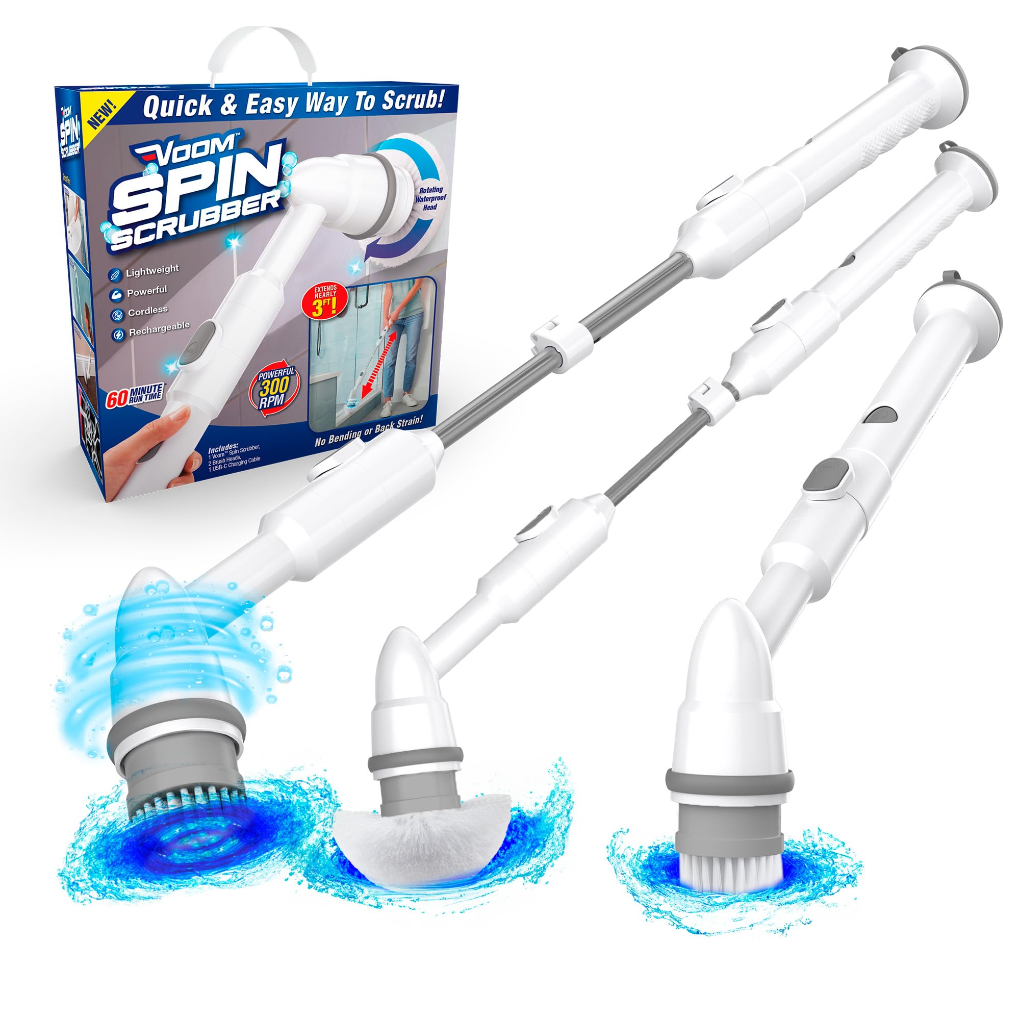 Voom Electric Spin Scrubber, Cordless Shower Spinning Brush with 2 Replaceable Brush Heads & Adjustable Handle, Rechargeable Spinning Brush