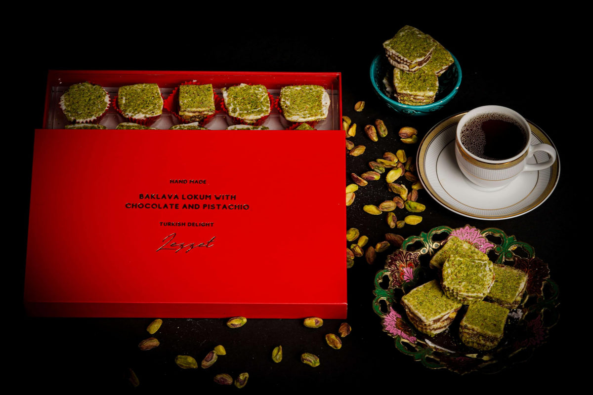 Lezzet, Handmade Baklava-Style Turkish Delight, Chocolate & Pistachio Lokum, 15 Pieces, Premium Dessert Treat, 14.1 oz (400gr)