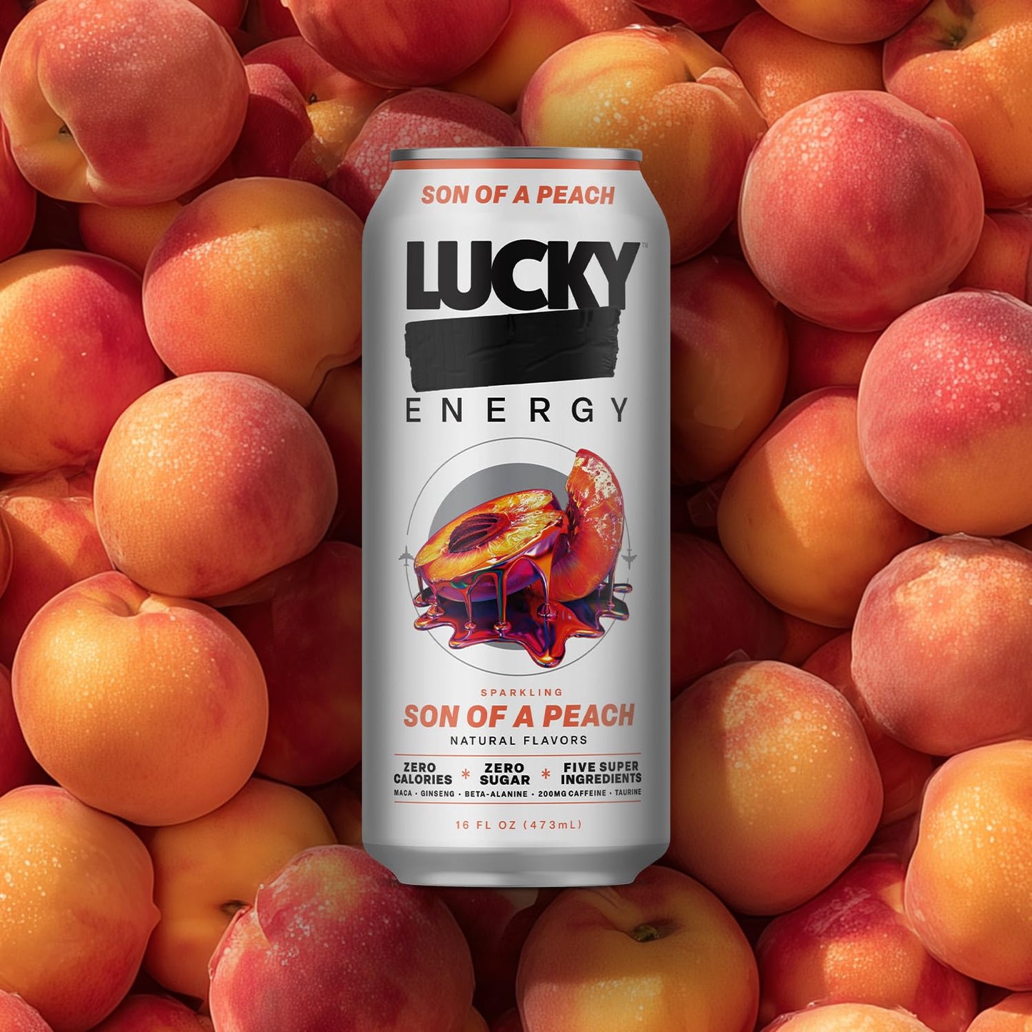 Lucky Energy Sugar Free Energy Drinks, Son of a Peach, 16oz Cans (12-Pack) Healthy, Zero Sugar Energy Drink with Maca, Ginseng, Beta-Alanine, Taurine