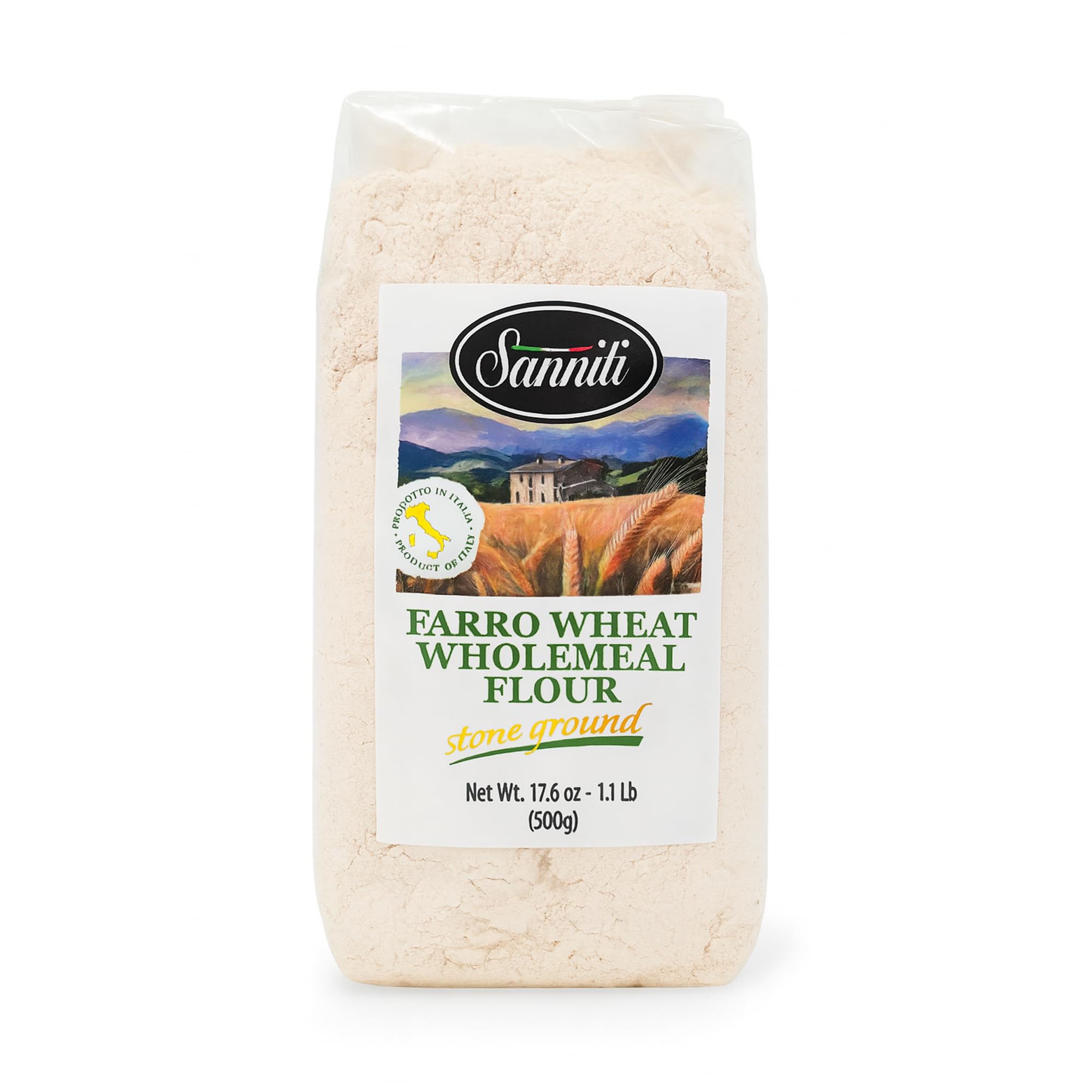 Sanniti Farro Wheat Wholemeal Flour, Stone Ground - 17.6 oz (500g) Bag - Premium Ancient Grain Flour, Product of Italy