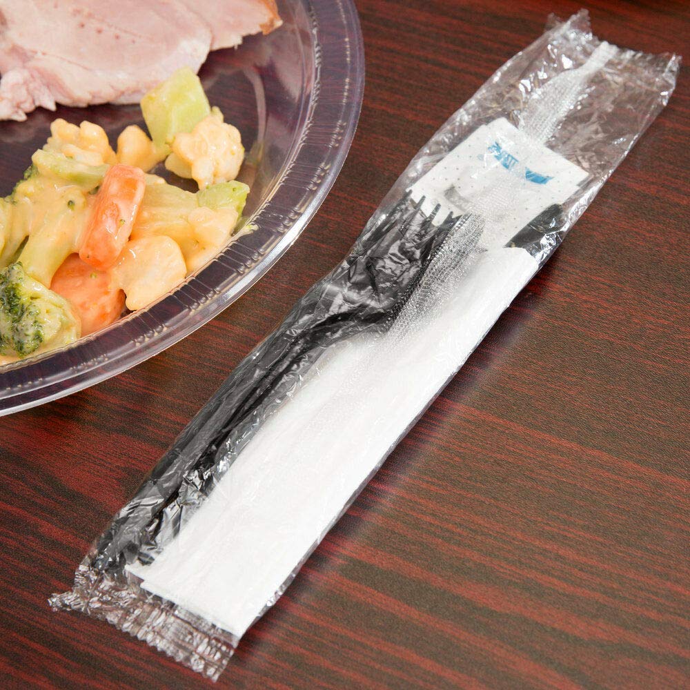 450 Black Plastic Cutlery Packets - Knife, Fork, Spoon, Napkin, Salt, Pepper Sets | Individually Wrapped Silverware Kits, Disposable Bulk To-Go