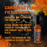 HELLFIRE RITUAL CARIBBEAN SPICED RUM-INFUSED HOT SAUCE. A TASTE OF THE ISLANDS TRINIDAD SCORPION, 7-POT PRIMO & ORANGE HABANERO PEPPERS BRING