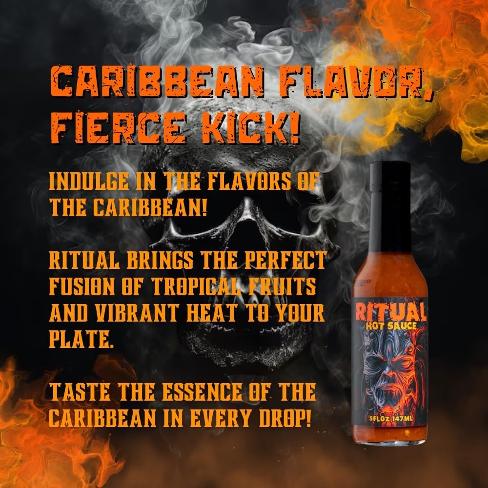 HELLFIRE RITUAL CARIBBEAN SPICED RUM-INFUSED HOT SAUCE. A TASTE OF THE ISLANDS TRINIDAD SCORPION, 7-POT PRIMO & ORANGE HABANERO PEPPERS BRING