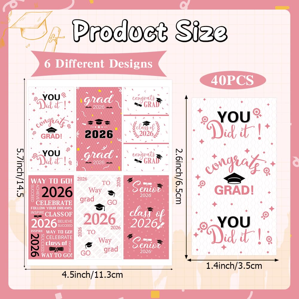 Graduation Party Decorations 2025 Graduation Label Stickers, 120PCS Congrats Grad Mini Pink White Candy Wrapper Class Of 2025 Chocolate Bar Stickers