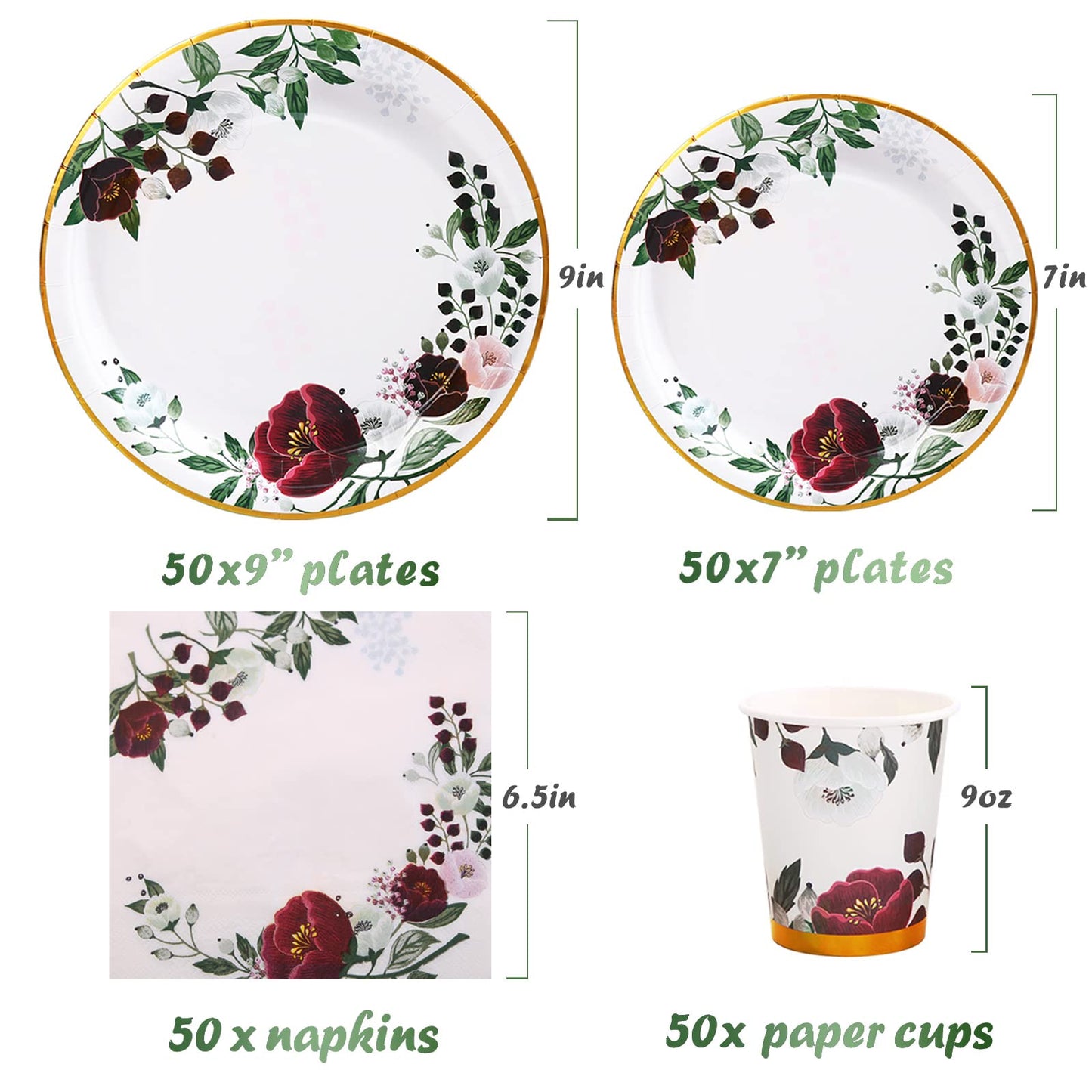 Gudvilla 200Pcs Floral Paper Plates and Napkins Party Supplies - Bridal Shower Decorations Serves 50, Burgundy for Wedding, Birthday, Valentine's Day