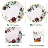Gudvilla 200Pcs Floral Paper Plates and Napkins Party Supplies - Bridal Shower Decorations Serves 50, Burgundy for Wedding, Birthday, Valentine's Day