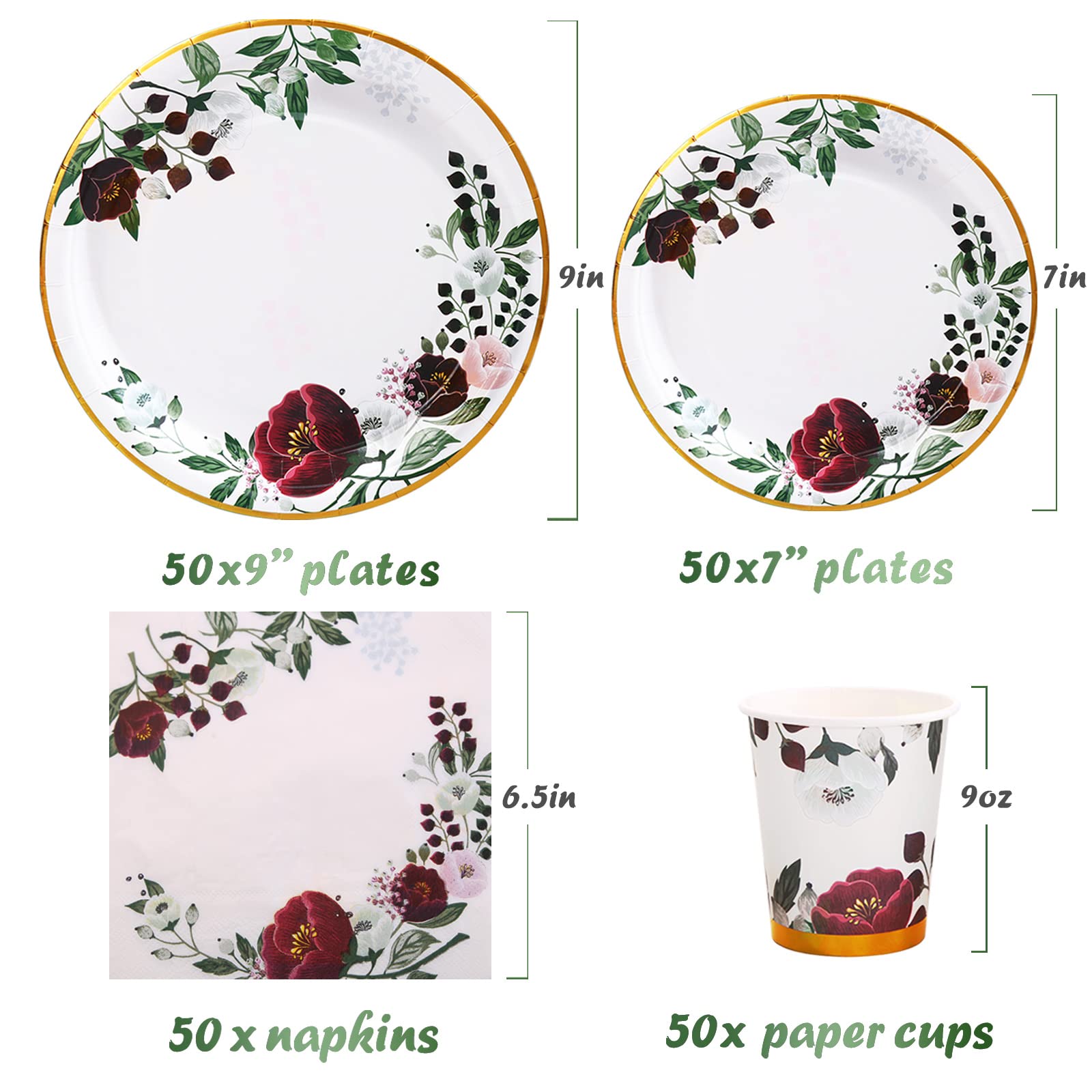 Gudvilla 200Pcs Floral Paper Plates and Napkins Party Supplies - Bridal Shower Decorations Serves 50, Burgundy for Wedding, Birthday, Valentine's Day