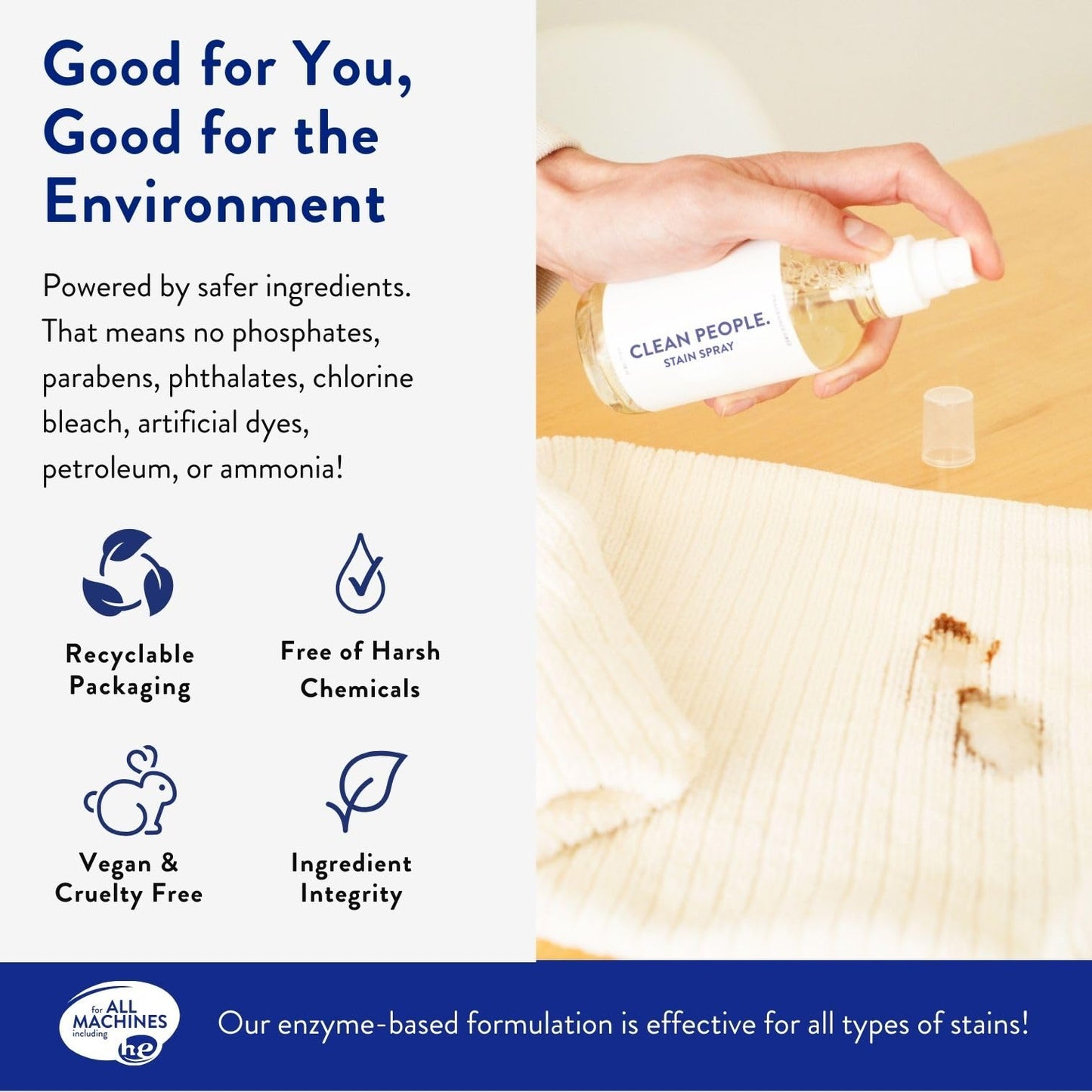 The Clean People Stain Remover Spray - Simple, Clean Ingredients - Laundry Spot Treatment for Food, Pet & Baby Stains - Boosted with Enzymes - Fabric