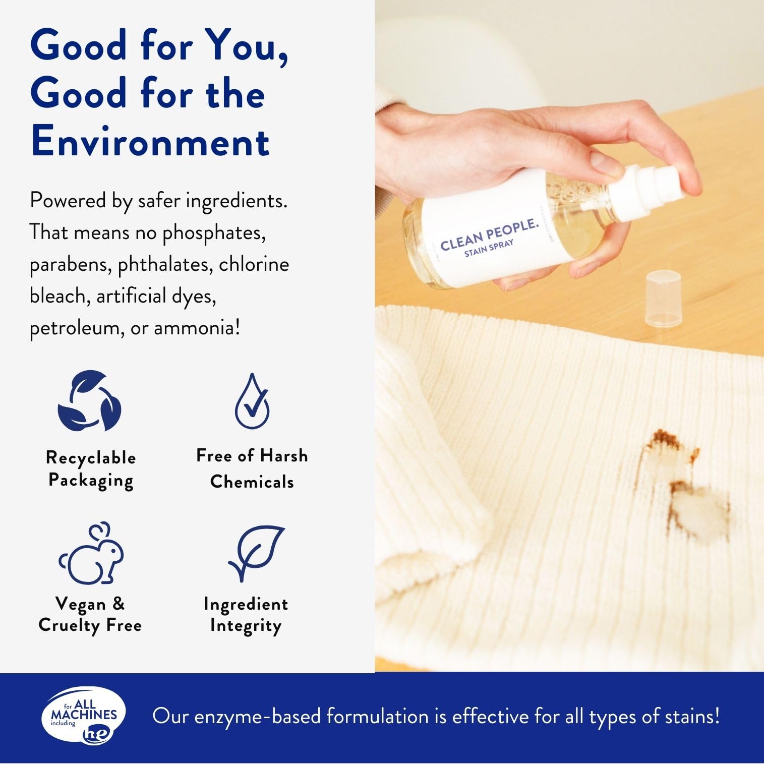 The Clean People Stain Remover Spray - Simple, Clean Ingredients - Laundry Spot Treatment for Food, Pet & Baby Stains - Boosted with Enzymes - Fabric