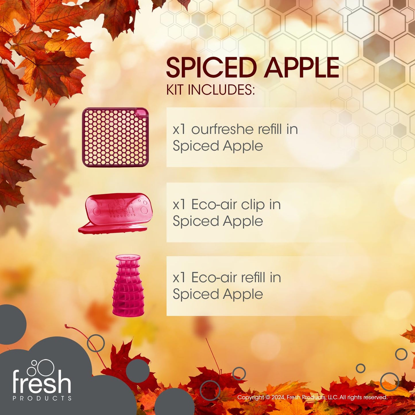 Fresh Products Fall Fragrance variety pack air freshener refill includes 1 ourfreshe and 1 eco-air and 1 eco-air clip in Spiced Apple 3 pack