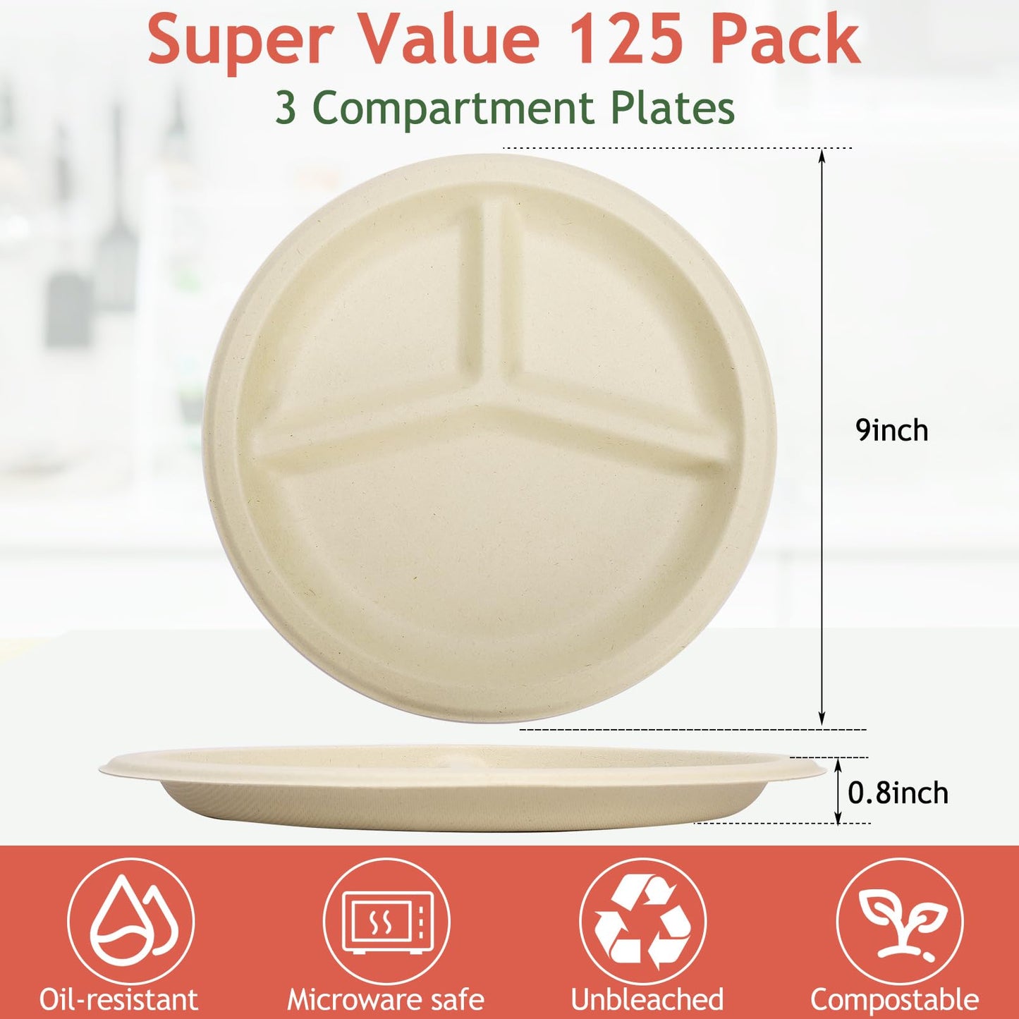 Extrapins 125 Pack 3 Compartment Paper Plates,Compostable Plates,Disposable Paper Plate,9 Inch Heavy Duty Biodegradable Plate for Daily Meals,Food