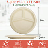 Extrapins 125 Pack 3 Compartment Paper Plates,Compostable Plates,Disposable Paper Plate,9 Inch Heavy Duty Biodegradable Plate for Daily Meals,Food
