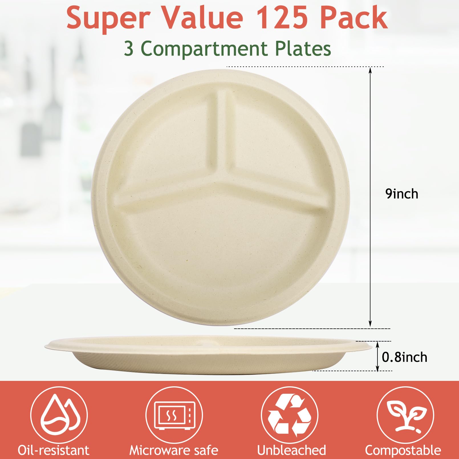 Extrapins 125 Pack 3 Compartment Paper Plates,Compostable Plates,Disposable Paper Plate,9 Inch Heavy Duty Biodegradable Plate for Daily Meals,Food