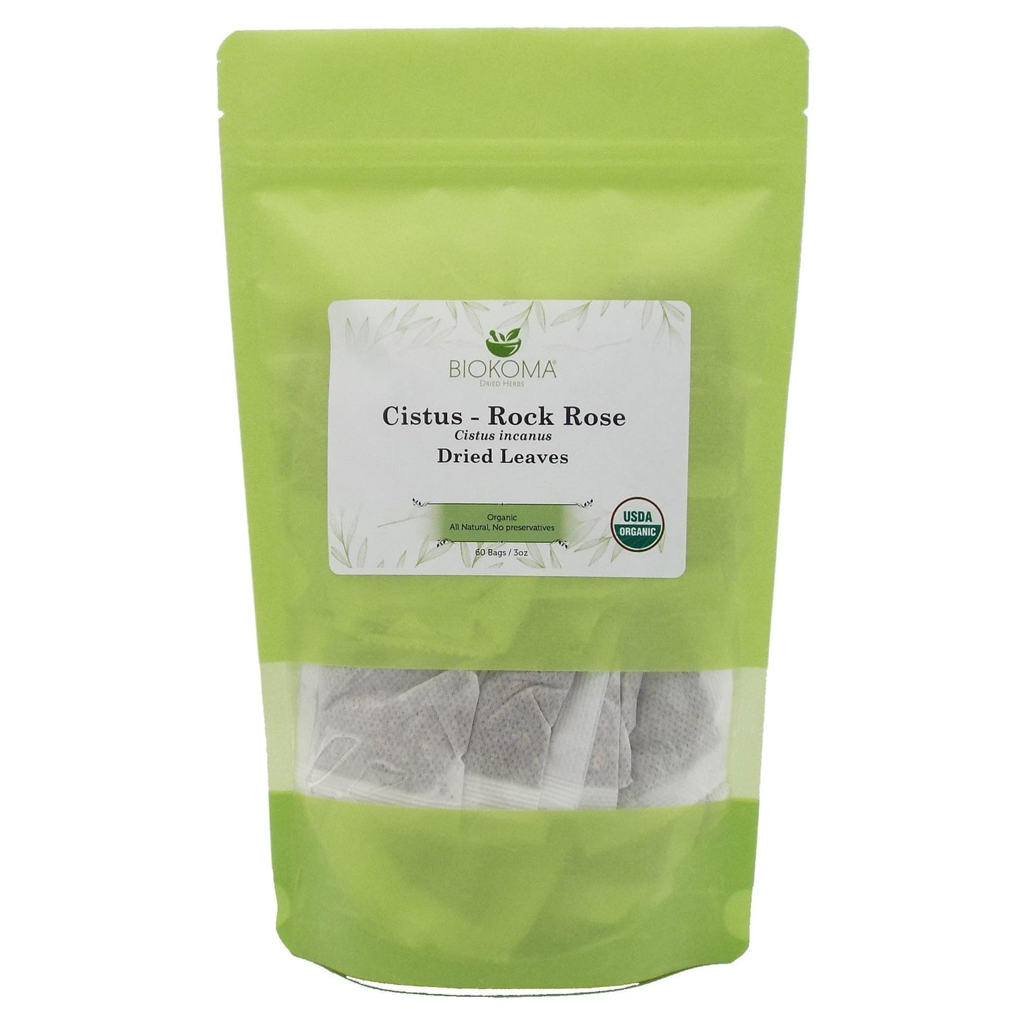 Biokoma Organic Cistus Rock Rose Tea Bags 60 Count Cistus Incanus Dried Leaves USDA Organic Herbal Tea Immune Respiratory Support Resealable Pouch