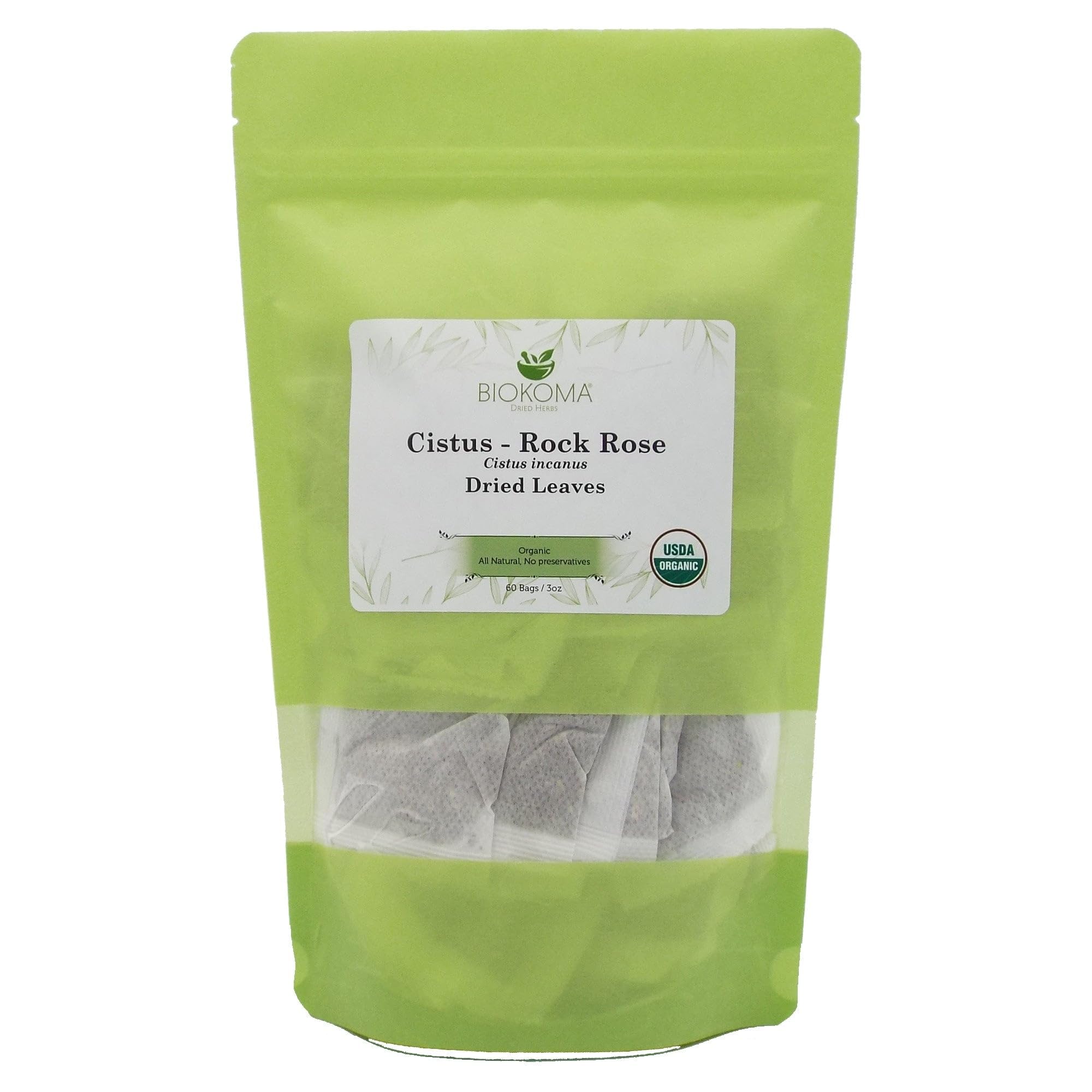 Biokoma Organic Cistus Rock Rose Tea Bags 60 Count Cistus Incanus Dried Leaves USDA Organic Herbal Tea Immune Respiratory Support Resealable Pouch