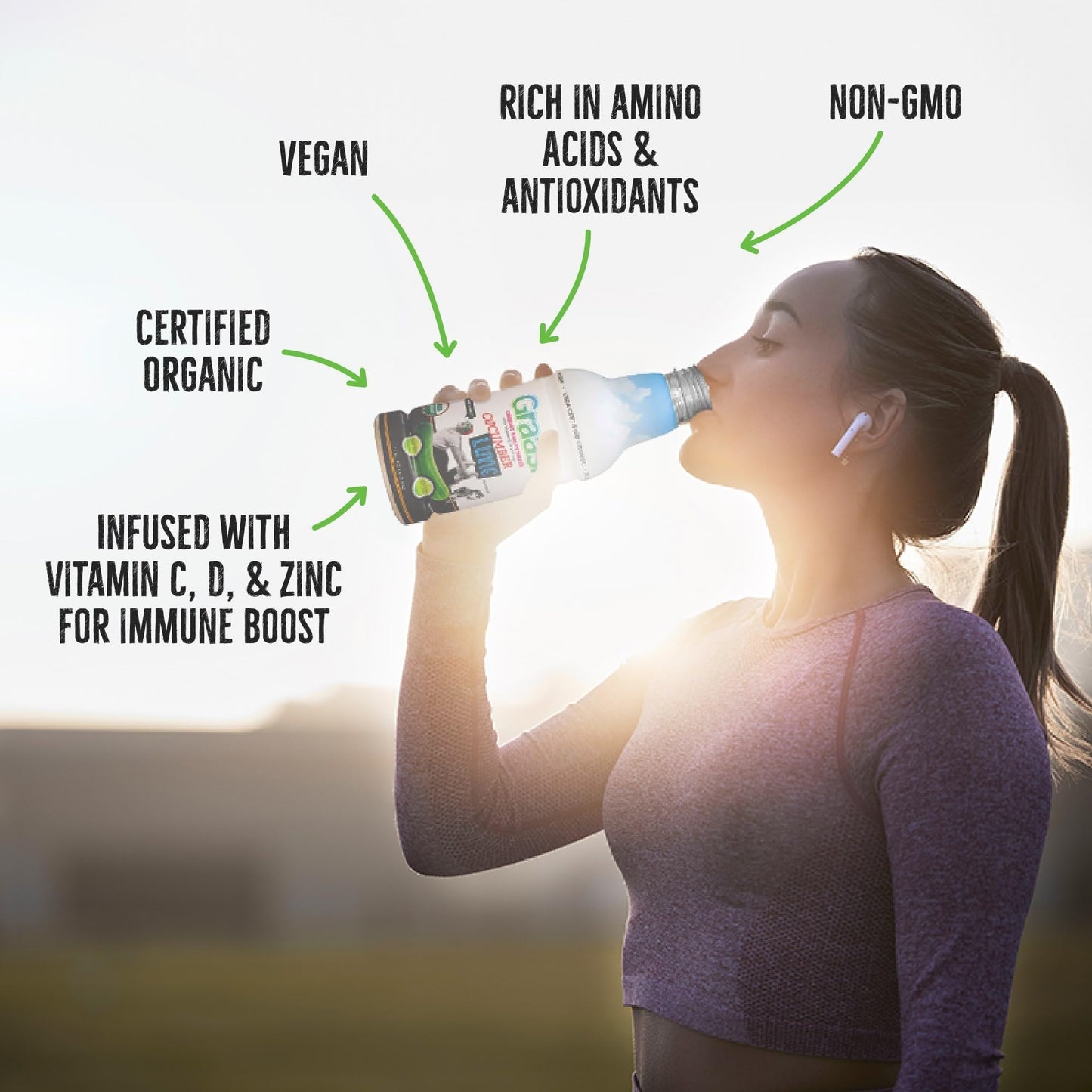 Graasi Organic Barley Grass Water | Hydration Drink with Vitamin C, D, Zinc | USDA Organic, Non-GMO, Vegan | Low-Calorie Wellness Beverage |