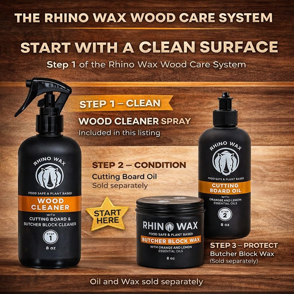 Rhino Wax Wood Cleaner Spray - Cutting Board & Butcher Block Cleaner - Natural Vinegar Citrus Wood Surface Cleaner for Kitchen Wood Countertops