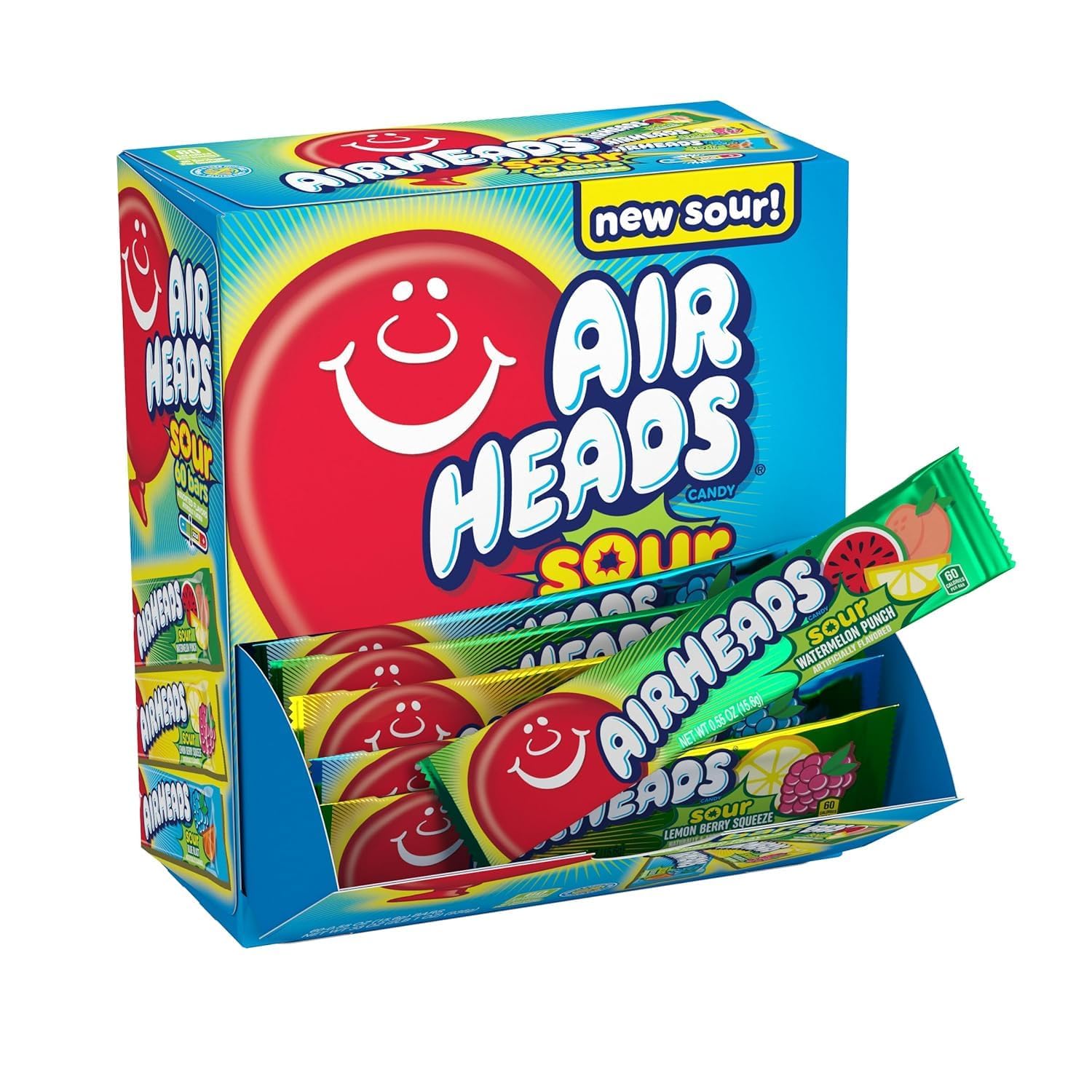 Airheads Sour Full-Size Candy Bars, Taffy Variety Bulk Box, Individually Wrapped Candy, Three Assorted Flavors, 60 Count Box
